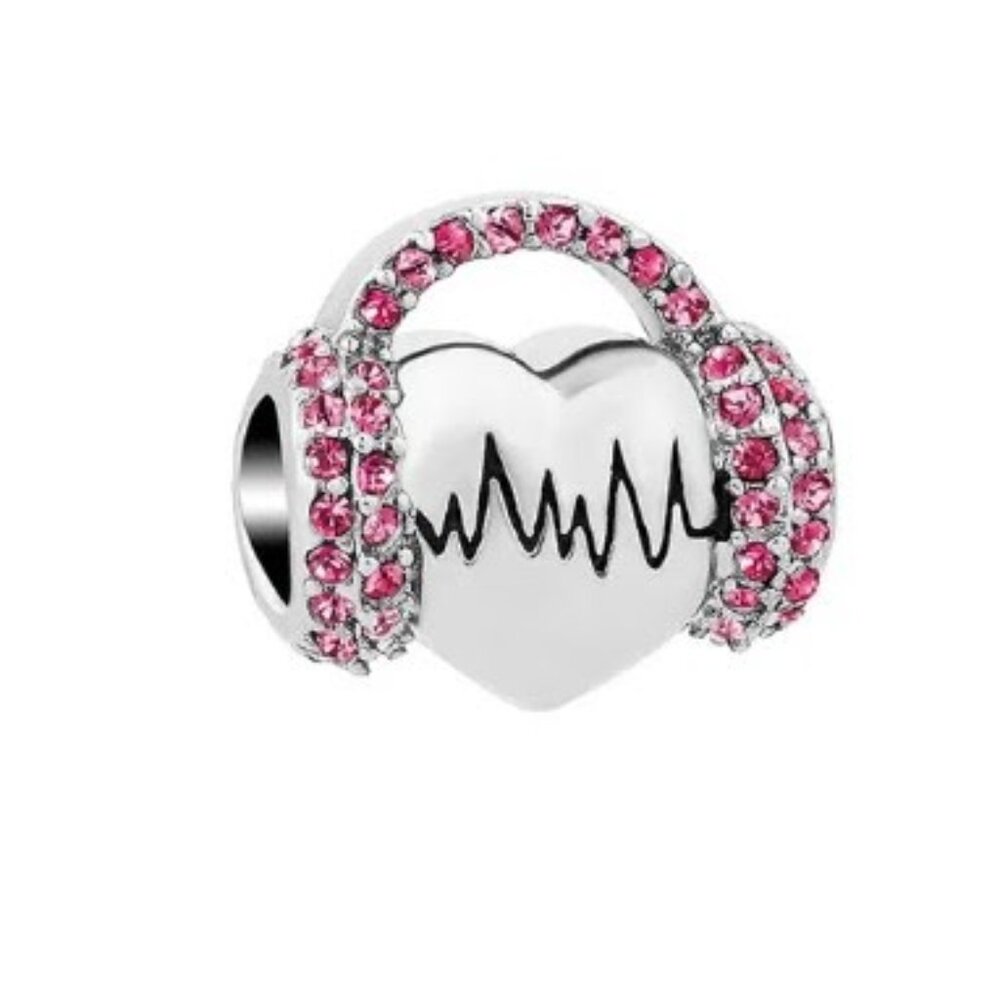 🎆Headphone Charm Silver 925 with Pink Rhinestones made for Pandora Bracelets